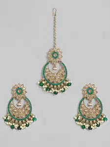 Laida Gold-Plated & Green Handcrafted Earrings with Maangtikka