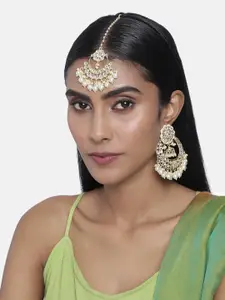 Laida Gold-Plated Kundan Stone-Studded & Beaded Handcrafted Maang Tika with Earrings