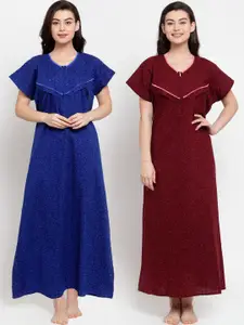 Secret Wish Blue & Maroon Pack of 2 Printed Maxi Nightdress