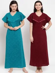 Secret Wish Turquoise Blue & Maroon Set of 2 Printed Maternity Nightdress
