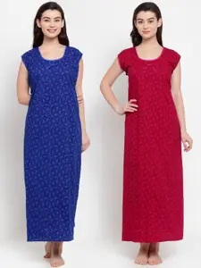 Secret Wish Pack of 2 Blue & Pink Printed Maxi Nightdress