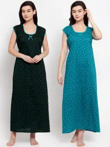 Secret Wish Set of 2 Green & Blue Printed Maxi Nightdress