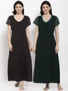 Secret Wish Set of 2 Brown & Green Printed Maxi Nightdress