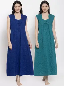 Secret Wish Women Pack Of 2 Blue & Green Printed Maxi Nightdress