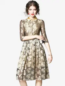 JC Collection Gold-Toned Self Designed Fit and Flare Dress