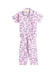 The Magic Wand Girls Pink & Grey Printed Night suit