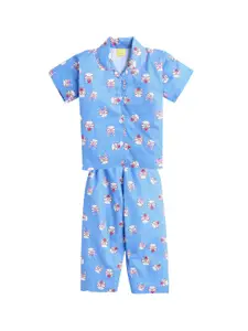 The Magic Wand Girls Blue & Pink Printed Night Suit
