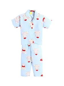 The Magic Wand Girls Turquoise Blue & Beige Printed Night suit