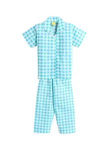 The Magic Wand Girls Sea Green & White Checked Night Suit