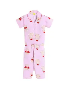 The Magic Wand Girls Pink & Red Printed Night suit