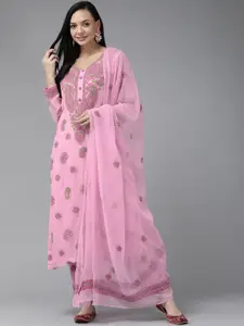 ADA Sustainable Pink & Green Chikankari Hand Embroidered Handloom Unstitched Dress Material