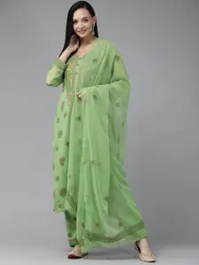 ADA Sustainable Green & Pink Chikankari Hand Embroidered Handloom Unstitched Dress Material