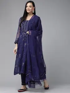 ADA Sustainable Navy Blue & White Chikankari Hand Embroidered Unstitched Dress Material