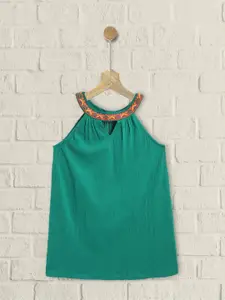 UTH by Roadster Girls Green Crinkled Cotton Regular Top with Cut-Out & Embroidered Detail