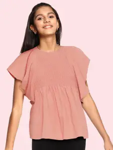 UTH by Roadster Girls Pink Cotton Solid Flutter Sleeves Smocked A-Line Top