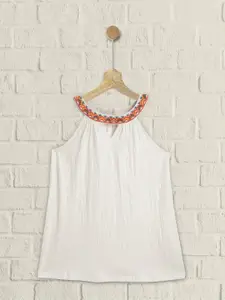 UTH by Roadster Girls White Crinkled Cotton Regular Top with Cut-Out & Embroidered Detail