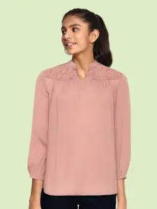 UTH by Roadster Girls Dusty Pink Mandarin Collar Regular Top with Lace Inserts
