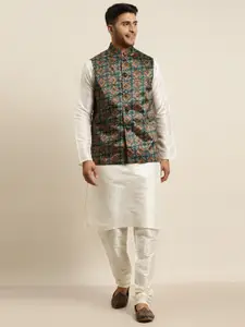 SOJANYA Men Off White Kurta with Churidar & Nehru Jacket