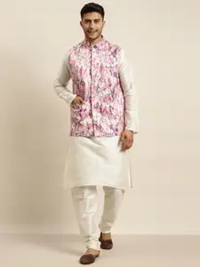 SOJANYA Men Off White Kurta with Churidar & Nehru Jacket