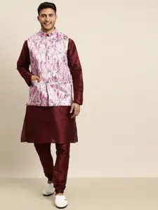 SOJANYA Men Maroon & Pink Floral Printed Kurta Set With Nehru Jacket