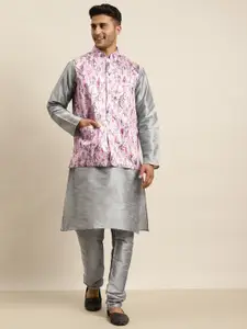 SOJANYA Men Grey Kurta with Churidar & Nehru Jacket