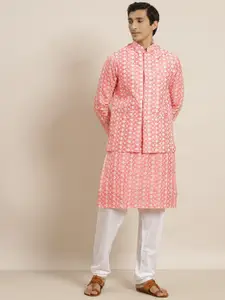 SOJANYA Men Coral Pink & White Floral Embroidered Kurta Set & Nehru Jacket