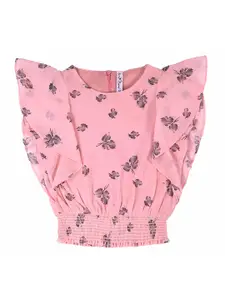 Hunny Bunny Girls Peach-Coloured & Black Printed Flutter Sleeve Smocked Top