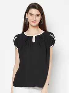 Purple State Women Black & White Keyhole Neck Puff Sleeve Top