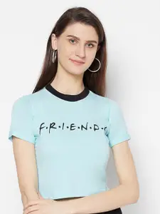 Purple State Turquoise Blue & Black Friends Printed Pure Cotton Crop Top