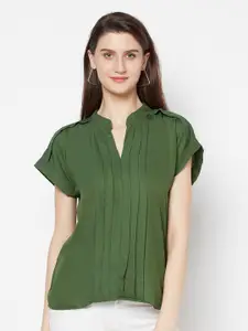 Purple State Women Green Extended Sleeves Pleated Regular Top