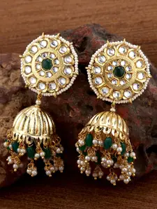Sukkhi Green Gold Plated Dome Shaped Kundan Studded Jhumkas Earrings