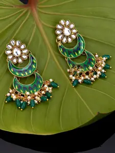 Sukkhi Women Green & White Pearl Gold Plated Meenakari Contemporary Chandbalis Earrings