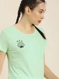 Moda Rapido Women Sea Green  Black Typography Printed Pure Cotton T-shirt