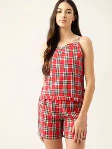 ETC Women Red & White Checked Pure Cotton Night suit
