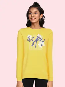 U.S. Polo Assn. Kids Girls Yellow Typography Printed Pure Cotton Sweatshirt