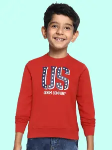 U.S. Polo Assn. Kids Boys Red Typography Printed Pure Cotton Sweatshirt