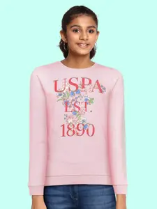 U.S. Polo Assn. Kids Girls Pink Floral Printed Pure Cotton Sweatshirt