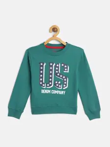 U.S. Polo Assn. Kids Boys Green Typography Printed Pure Cotton Sweatshirt