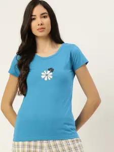 ETC Women Blue & White Pure Cotton Graphic Printed Lounge T-Shirt