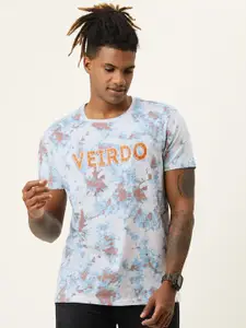 VEIRDO Men White & Blue Tie and Dye T-shirt with Brand Logo Print