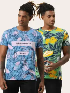 VEIRDO Men Pack of 2 Blue  Green Tropical Printed Pure Cotton T-shirt