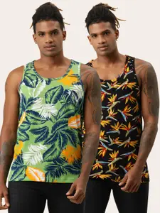 VEIRDO Men Oack of 2 Green  Black Tropical Printed Pure Cotton T-shirt