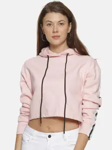 Campus Sutra Women Pink Hooded Crop Sweatshirt
