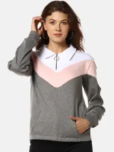 Campus Sutra Women Grey & White Colourblocked Cotton Pullover Sweatshirt