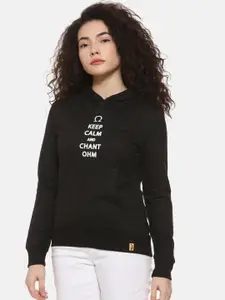 Campus Sutra Women Black Typography Printed Hooded Sweatshirt