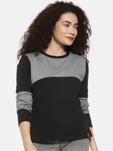 Campus Sutra Women Grey And Black Colourblocked Sweatshirt