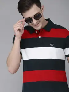 THE BEAR HOUSE Men Navy Blue  & White Striped Polo Collar Slim Fit Pure Cotton T-shirt