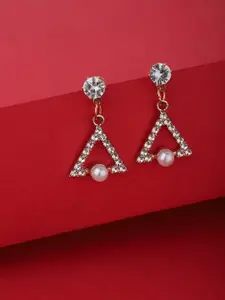 Carlton London Off-White Gold-Plated Stone-Studded Beaded Triangular Drop Earrings