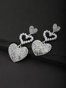 Carlton London Silver-Toned & Off White Rhodium-Plated Beaded Heart Shaped Drop Earrings