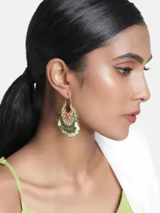 Peora Gold-Plated Green Kundan Studded Crescent Shaped Enamelled Hoop Earrings